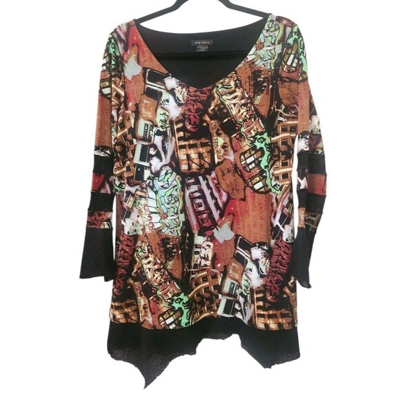 Eva Varro Tunic Top Large Abstract Print USA Asymmetrical Hem Artsy Boho Edgy - Picture 1 of 5